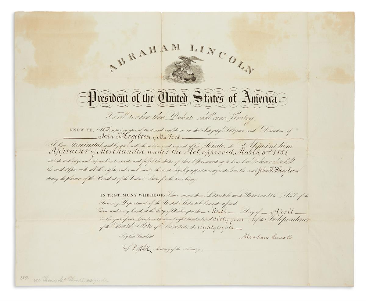LINCOLN, ABRAHAM. Partly-printed Document Signed, as President,
